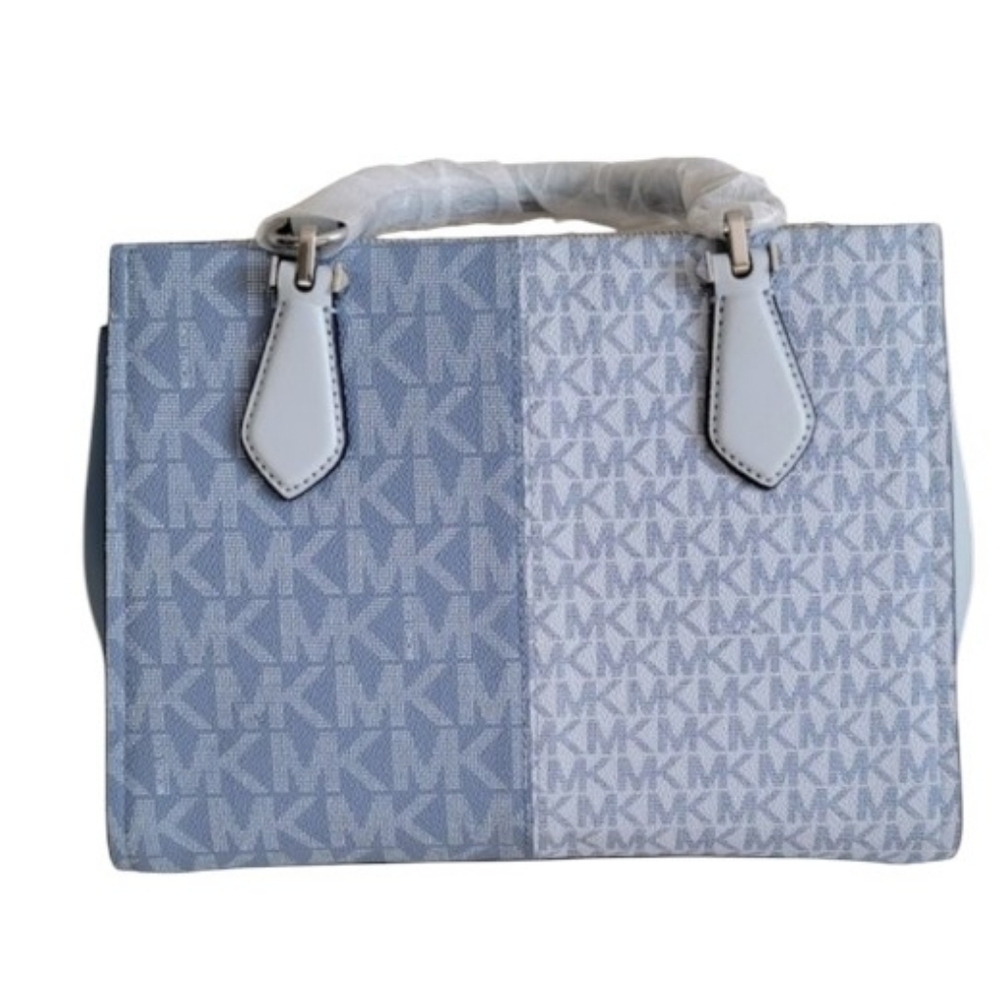 New Michael Kors Marilyn Sky Blue Multi Logo Medium Satchel Handbag purse - Picture 2 of 7
